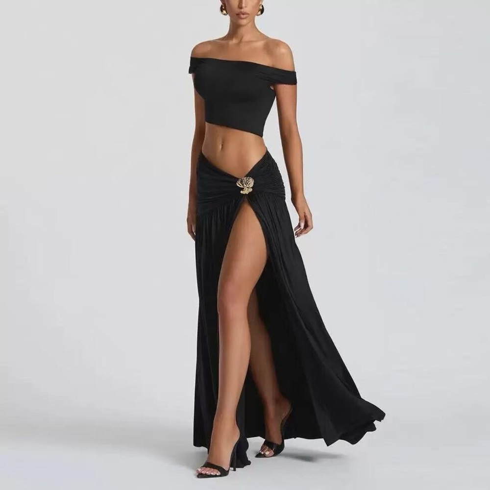 Zimmermann Black Off-Shoulder Crop Top & High-Slit Maxi Skirt Two-piece set